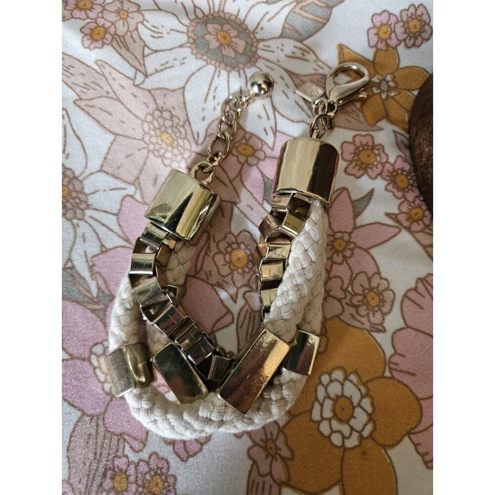 Adjustable Gold Tone Link Chain & White Cord Wrap Bracelet Lobster Clasp